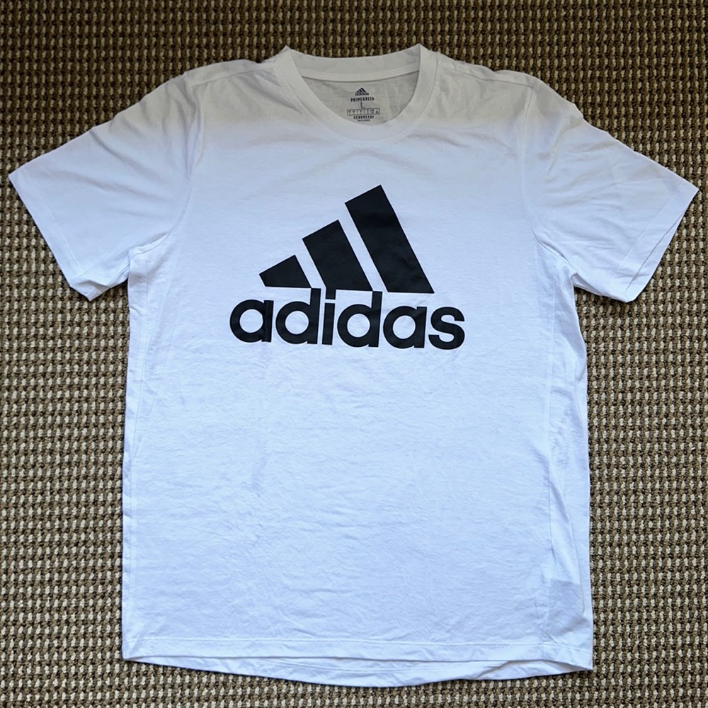 White T-shirt with Black Adidas Logo. Size L. Men’s.